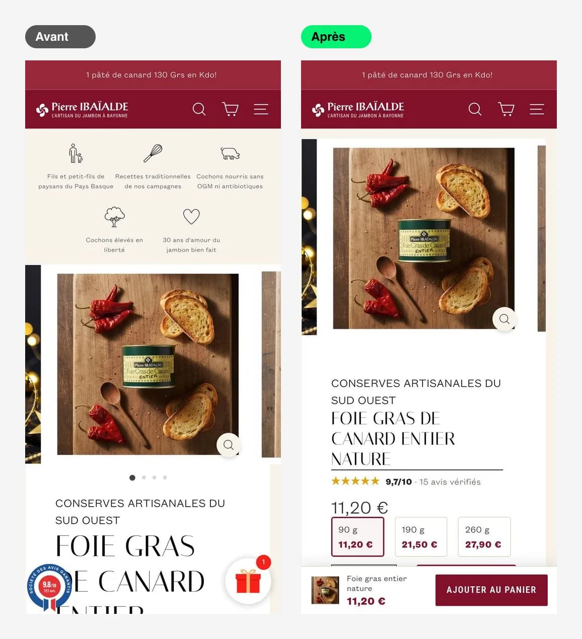 Pierre Ibaïalde — pedir para las fiestas, de forma sencilla, desde el móvil — El foie gras: formato y precio de un vistazo (móvil)