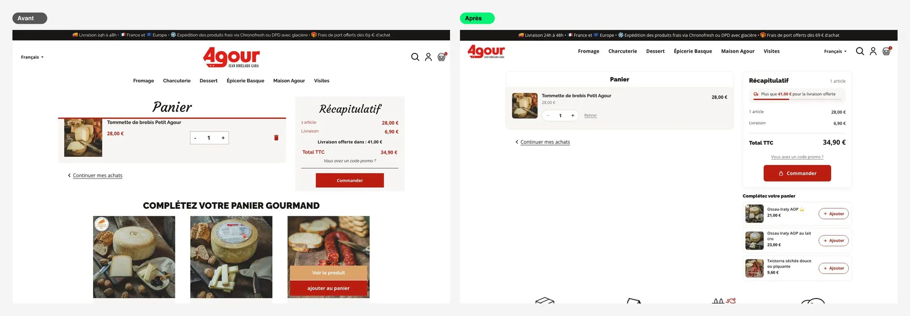 Agour — comprar en el móvil tan fácil como en la tienda — La página del carrito, clara y tranquilizadora