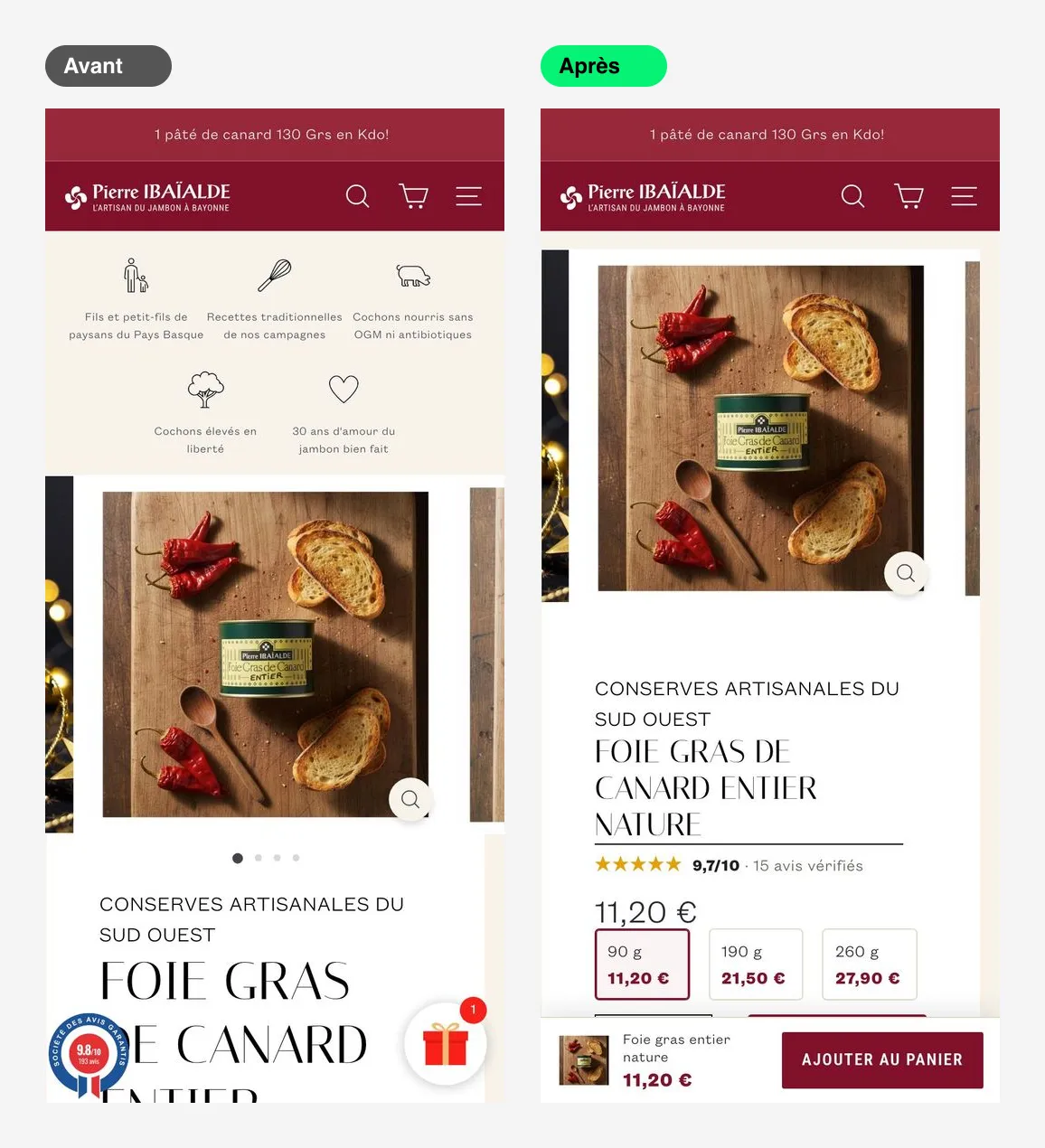 Pierre Ibaïalde — pedir para las fiestas, de forma sencilla, desde el móvil — El foie gras: formato y precio de un vistazo (móvil)